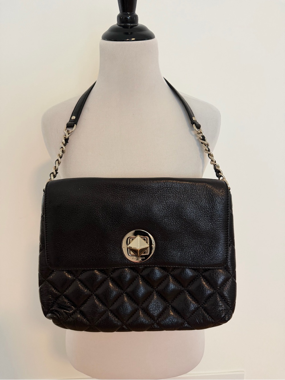 kate spade Black Quilted Leather Shoulder Bag with Gold-Tone Turn Lock